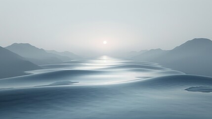 Fototapeta premium A dense fog rolls in from the horizon, shrouding the landscape in an eerie veil of mist that glows with an otherworldly light. Illustration, Minimalism,