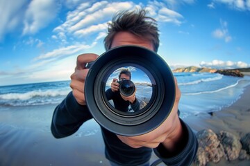 Viewed through the fish eye lens, the enthusiastic photographer's intense focus on his camera captures the essence of his passion for close-up photography