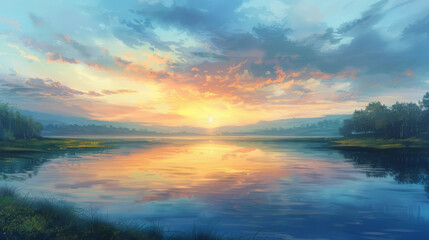 Naklejka premium A beautiful painting of a lake with a sunset in the background