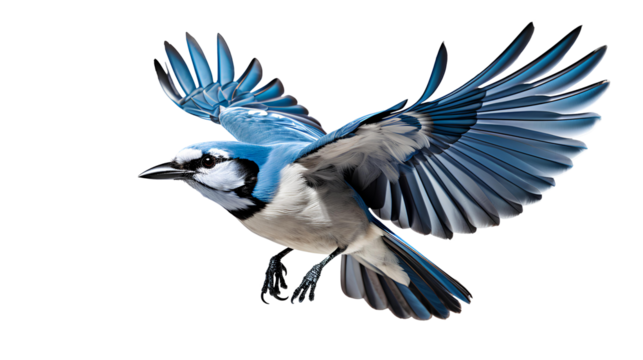 Blue jay bird flying PNG. Still of blue jay bird isolated. Blue jay bird flying with wings spread PNG. 