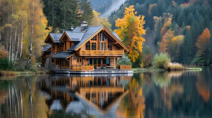 A beautiful house with wooden walls and roof, nestled in the middle of nature surrounded by trees on both sides, near an idyllic lake reflecting its image.