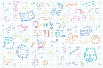 Hand drawn school supplies, stationery. Back to School concept. Free drawing of school subjects on checkered sheet of notebook. Sketch icon set, doodles. Good for wrapping paper, textile prints 