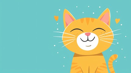 Obraz premium A cartoon illustration of an orange tabby cat with closed eyes smiling, on a teal background.