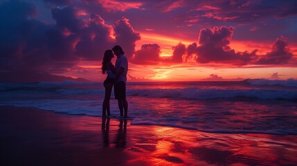 Fototapeta premium Photography of a couple standing barefoot on a sandy beach during sunset, romantic and serene scene.