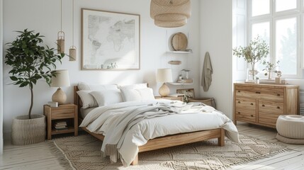 scandinavian bedroom, white walls and light wood furniture in a nordic bedroom maintain a calm and peaceful ambiance with soft, muted colors
