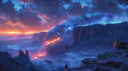 Naklejka premium A massive, bioluminescent creature slumbers at the bottom of a deep canyon, its rhythmic breathing echoing through the alien landscape. Illustration, Minimalism,