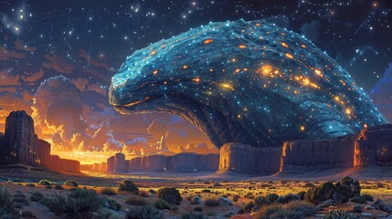 A massive, bioluminescent creature slumbers at the bottom of a deep canyon, its rhythmic breathing echoing through the alien landscape. Illustration, Minimalism,