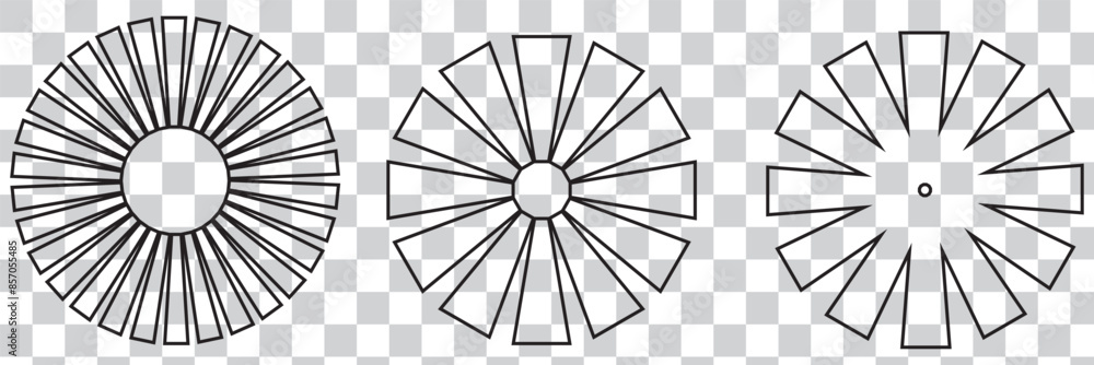 Wall mural collection of simple black sunbursts isolated on transparent background – set of minimalist radial f