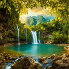 Green Oasis with Cascading Waterfall

