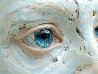 Design an eye-level close-up of a metallic, sentient robot processing conflicting moral principles in a digital painting, focusing on intricate details and high realism
