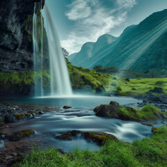 Green Oasis with Cascading Waterfall
