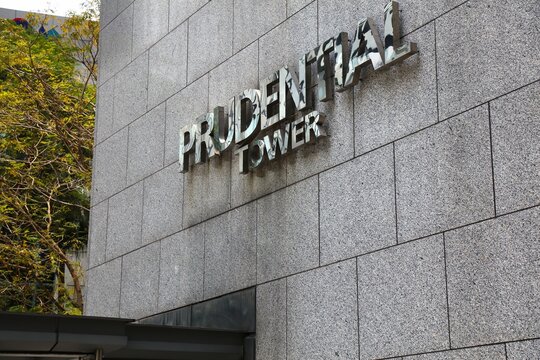 SINGAPORE CITY, SINGAPORE - MARCH 13, 2024: Prudential Tower office building in Raffles Place, Singapore. UniCredit Bank, Prudential Assurance Company, Kumon and Savills have offices here.