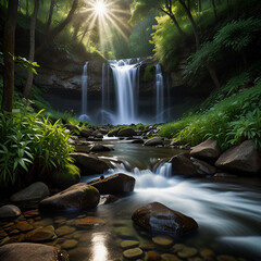 Green Oasis with Cascading Waterfall

