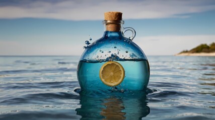 solarized water, blue bottle with water and a lemon, over the sea at sunset, healthy life,