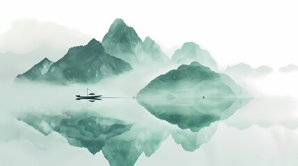 Chinese traditional green and white landscape boat illustration poster background