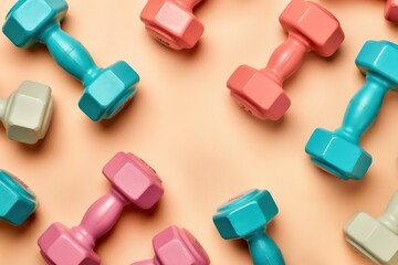 Multicolored dumbbells on pastel background, minimalist sports fitness flat lay concept. Generative AI