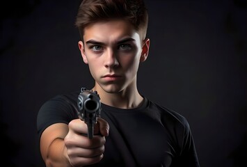young man with a gun in his hand, isolated on a black background