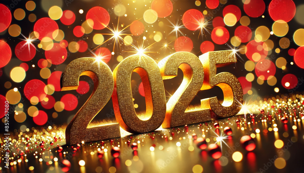 Poster A celebratory image featuring the year 2025 in gold with sparkling glitter against a background of red and gold bokeh lights