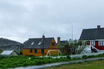 Nuuk Greenland city scape on a foggy rainy summer day