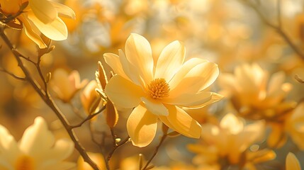 Obraz premium Yellow magnolia blossoms in full bloom, bathed in sunlight, set against the backdrop of an outdoor garden with other blooming flowers and greenery.