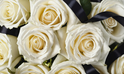 Close-up of bouquet of white roses with black funeral ribbon. Background of soft flowers for banner with symbol of mourning or grief. Funeral ceremony, remembrance and farewell. Top view.
