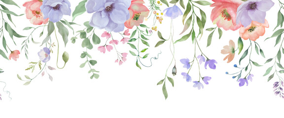 
Seamless watercolor floral border. Hand drawn illustration isolated on white background. Vector EPS.
