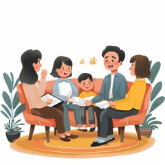A family of four sits on a couch, with a child in the middle