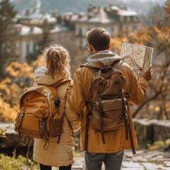 Obraz premium A man and a woman are holding a map and walking together