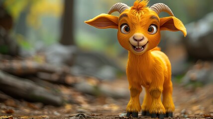 Adorable animated baby goat in a cute forest setting. Vibrant colors and playful expression create a joyful scene.