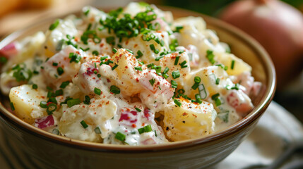 A close-up shot of a bowl filled with creamy potato salad, garnished with chives and paprika.