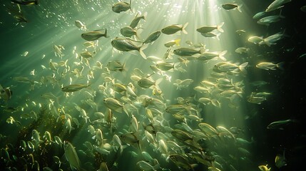 Fototapeta premium Shoals of shimmering silver fish dance in the sunlight, their movements synchronized in a mesmerizing display. Illustration, Minimalism,