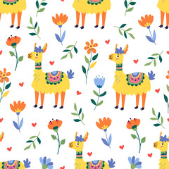 Seamless pattern with funny colorful lamas and flowers on white. Great for fabrics, wrapping papers, wallpapers, covers. Vector illustration in flat style