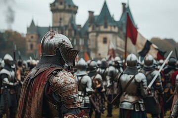 Journey into the past with this professional image capturing the French army during the Middle Ages, showcasing brave soldiers adorned in authentic medieval armor