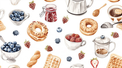 Watercolor breakfast food pattern with coffee, donuts, waffles, and berries