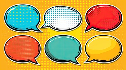 Vibrant comic book speech bubbles with bold outlines and comic book style lettering