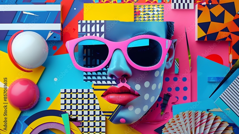 Poster vibrant geometric abstract digital art with playful colorful patterns and shapes