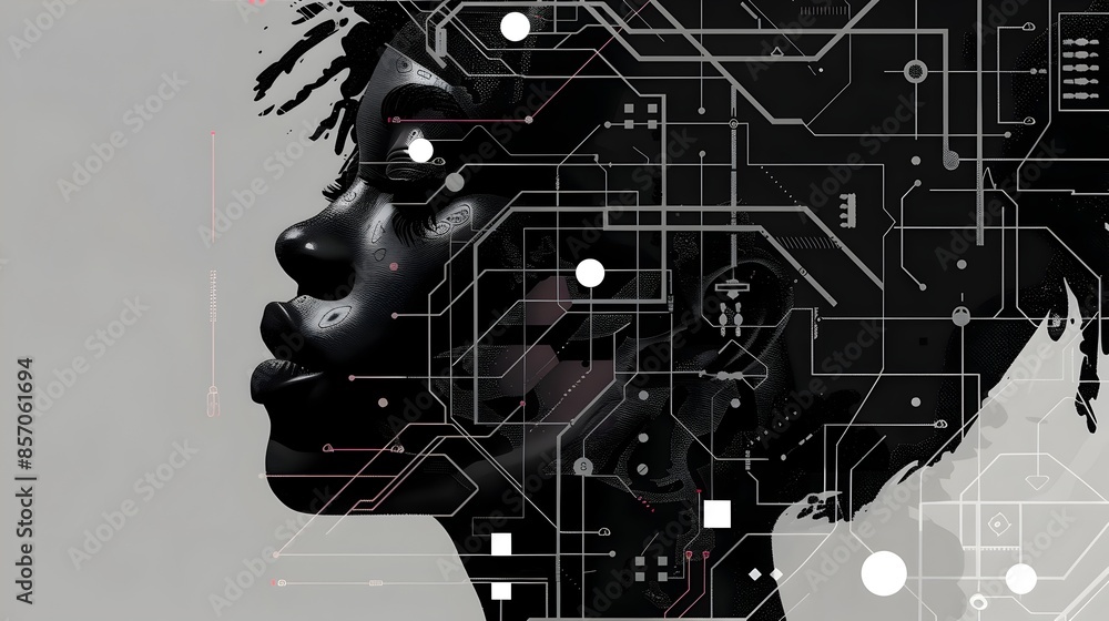 Poster futuristic digital art with abstract circuit board patterns and geometric shapes