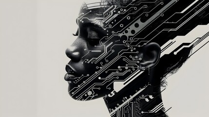 Obraz premium Enigmatic Digital Portrait of a Futuristic Robotic Face with Intricate Circuit Patterns