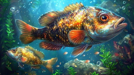 Fototapeta premium cartoon illustration of a predatory chase in the aquatic world, where a larger fish is about to devour a smaller one