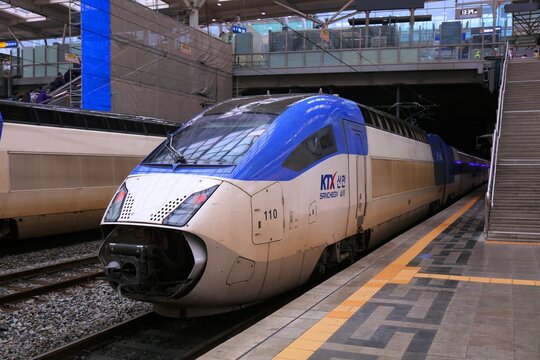 SEOUL, SOUTH KOREA - APRIL 5, 2023: KTX Sancheon high speed trains at Seoul Station. Korail KTX Sancheon bullet train achieves speeds up to 305 kph. It is built by Hyundai Rotem.