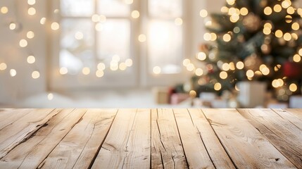 Elegant empty wooden tabletop with abstract warm living room decorated with Christmas tree lighting, blurred snowy background, holiday ambiance, ideal simulated banner for advertising products