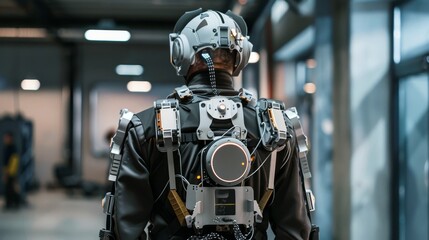 Fototapeta premium A person wearing a wearable robotic suit, with a focus on the technology used to enhance strength and mobility, emphasizing the versatility of powered exoskeletons in industrial applications
