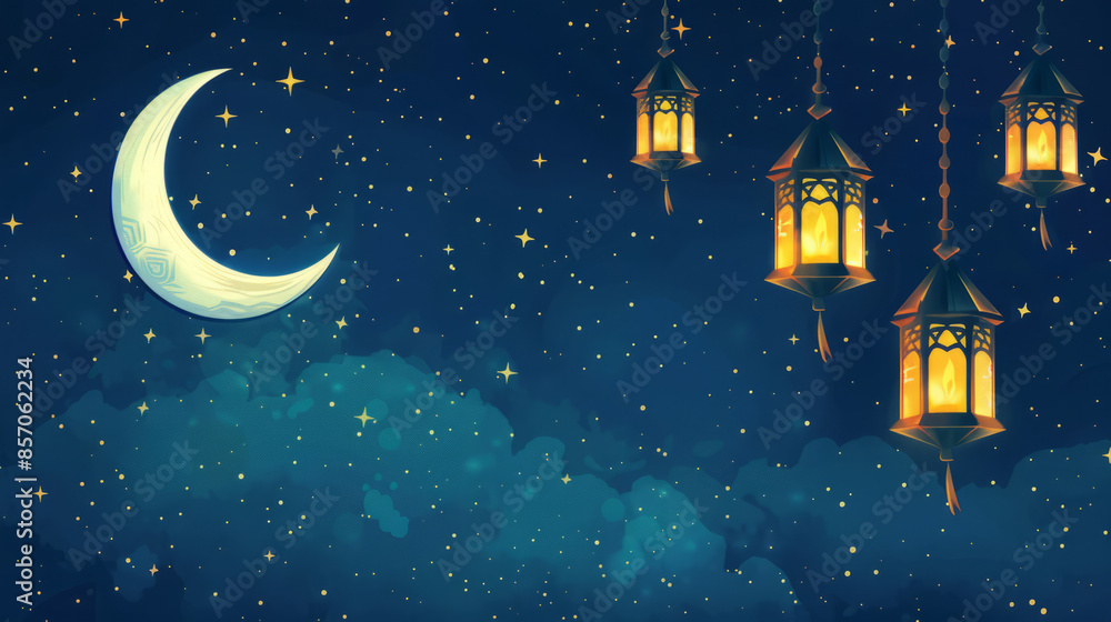 Wall mural a golden crescent moon with intricate lanterns, floating in a dark background with twinkling stars. 