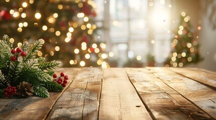 Elegant empty wooden tabletop with abstract warm living room decorated with Christmas tree lighting, blurred snowy background, holiday ambiance, ideal simulated banner for advertising products
