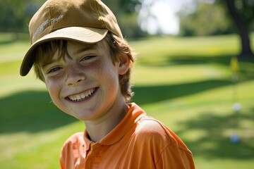Happy caucasian boy at golfing training lesson, smiling at the camera on a sunny golf course, practicing his swing with enthusiasm, enjoying the sport and learning experience