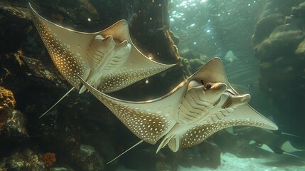 A pair of graceful eagle rays soar through the water, their wings undulating like silk in the current. Illustration, Minimalism,