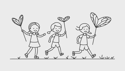 Fototapeta premium Cute Kids Catching Butterflies in Editable Stroke Vector Illustration