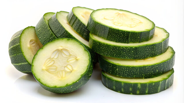 Closeup image of freshly sliced green zucchini on a white background