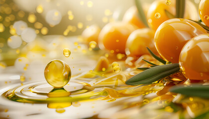 olive oil splashing with yellow olives and drops
