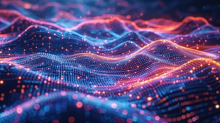 Abstract blue and red wave pattern with glowing particles. Digital art, technology concept.